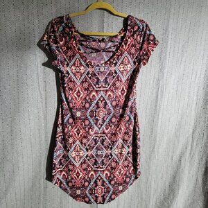 No Boundaries Maroon Multicolored Aztec Design Midi Form Fitting Dress Size Larg